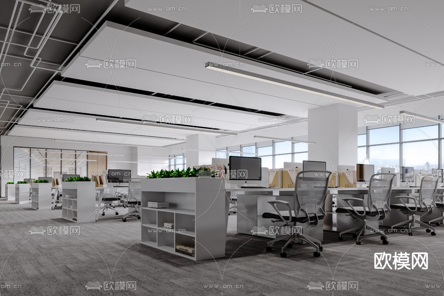 现代敞开式办公区免费3d模型下载