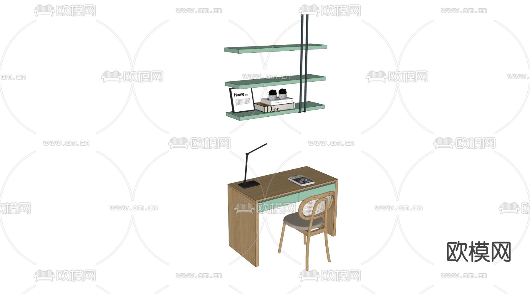 北欧绿色书桌椅su模型下载（渲染图2）