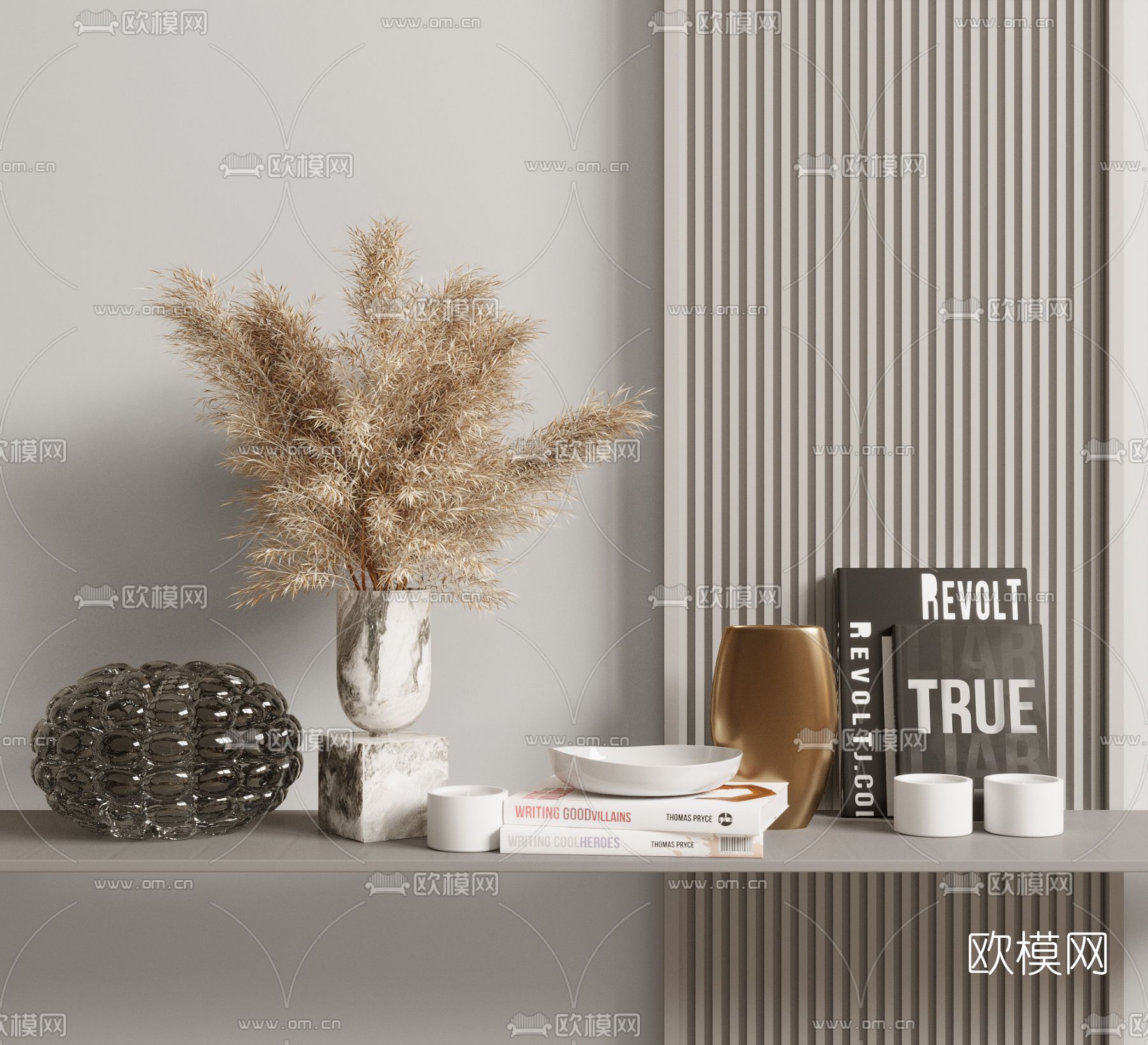 现代干枝花瓶器皿书籍摆件3d模型下载