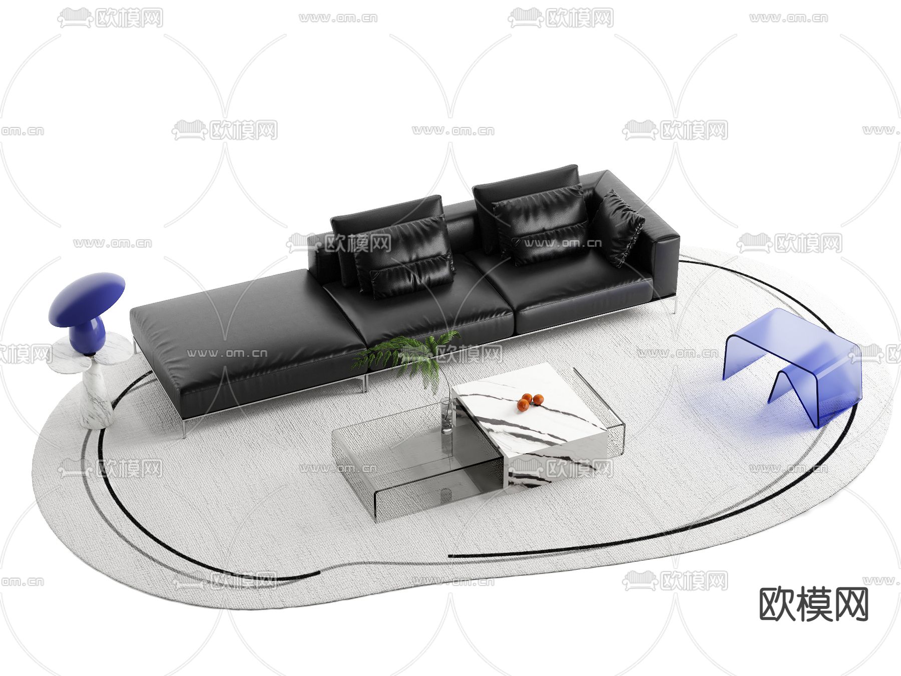 现代黑色皮革组合沙发3d模型下载_ID12082324_3dmax免费模型-欧模网