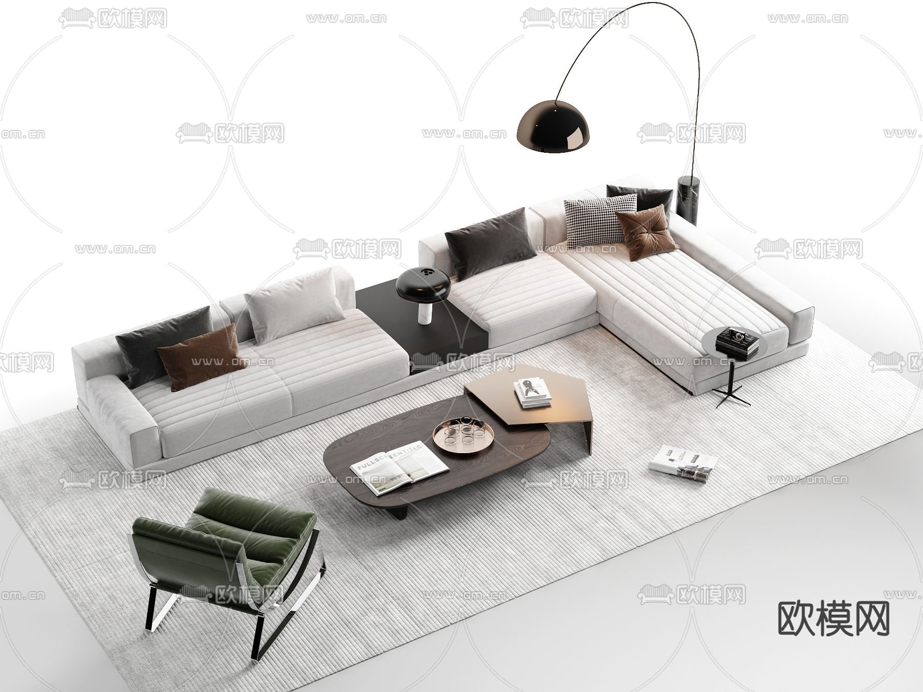 现代白色布艺转角组合沙发3d模型下载_ID12082323_3dmax免费模型-欧模网