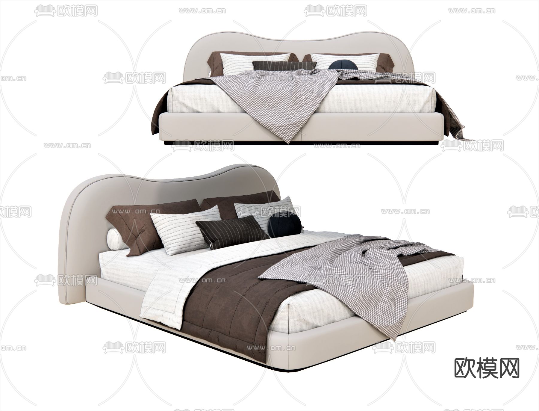 现代布艺双人床su模型下载（渲染图1）