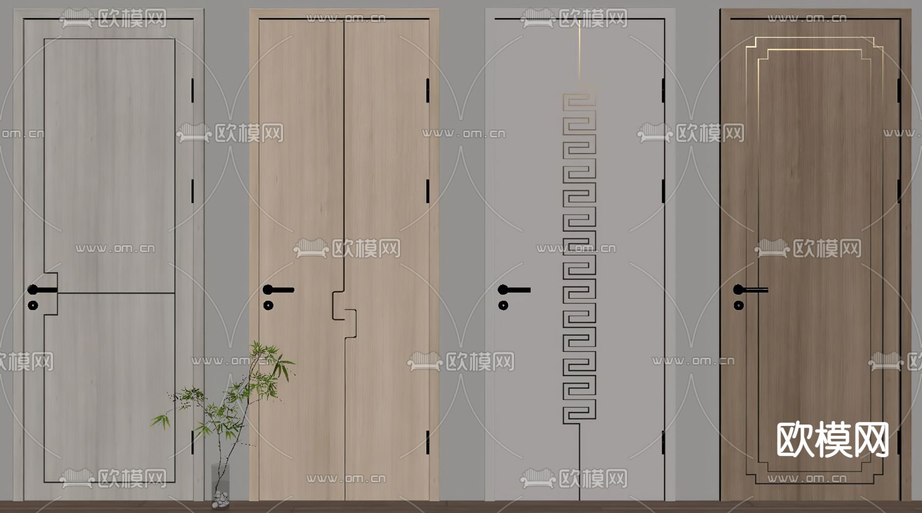 新中式单开门房门su模型下载（渲染图2）