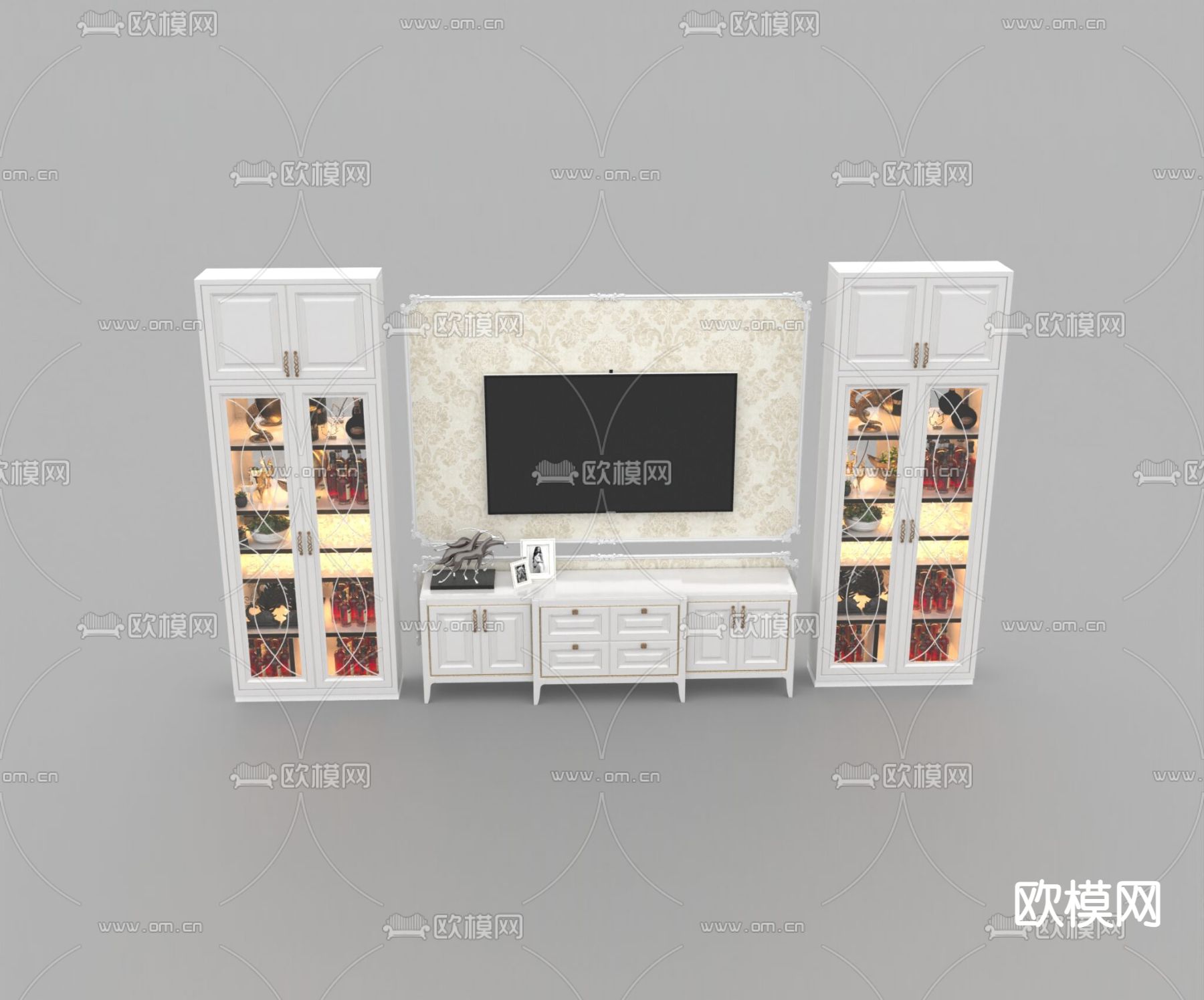 简欧实木酒柜电视柜电视背景墙免费3d模型下载