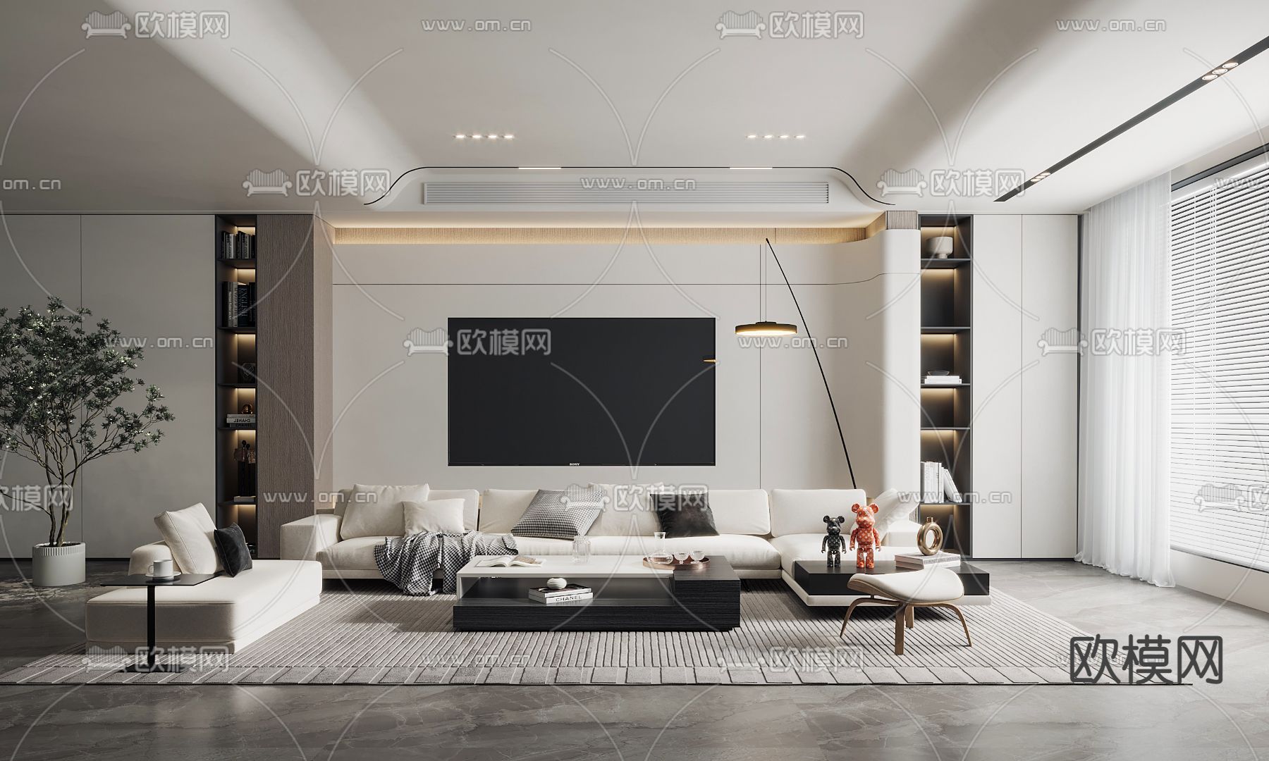 现代奶油风客厅3d模型下载_ID12084750_3dmax免费模型-欧模网
