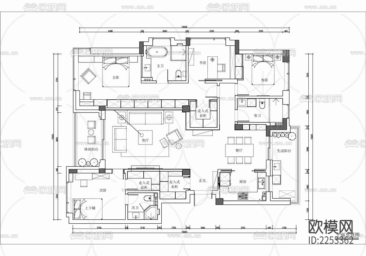 180㎡家装大平层cad施工图下载（渲染图1）