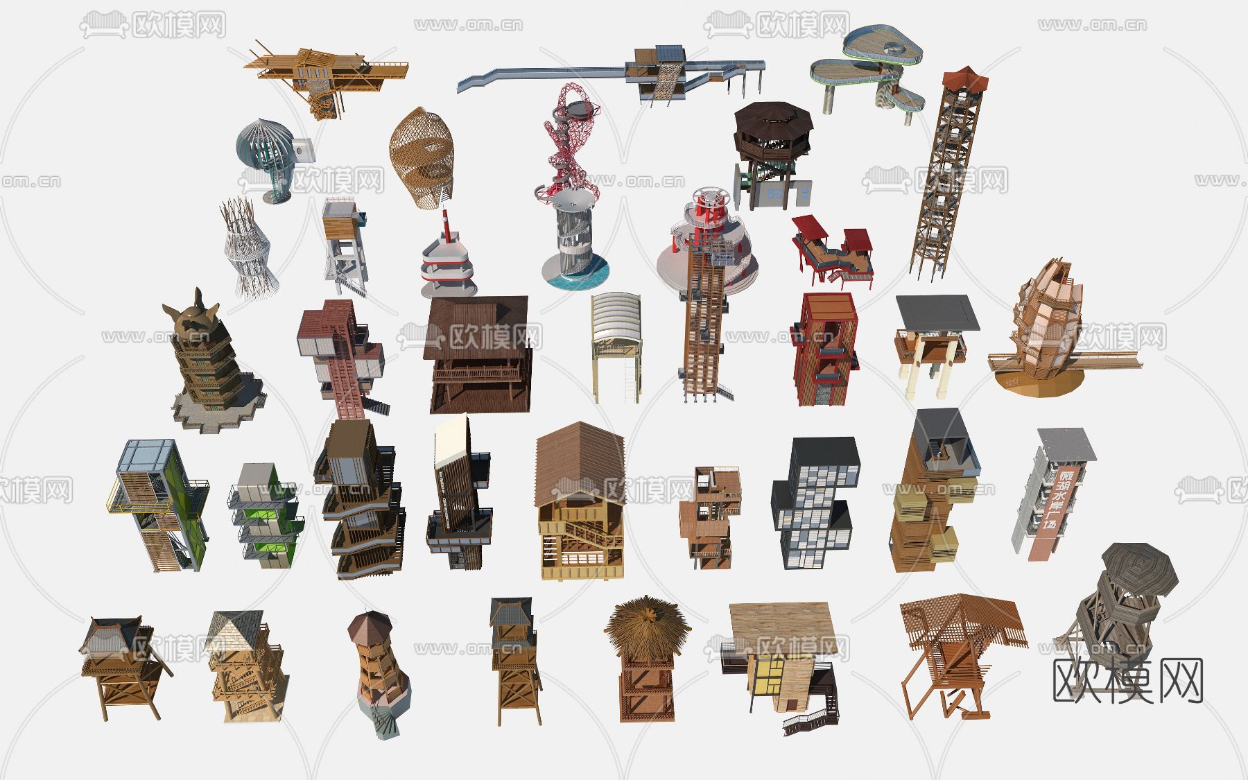 新中式观景塔观景台3d模型下载