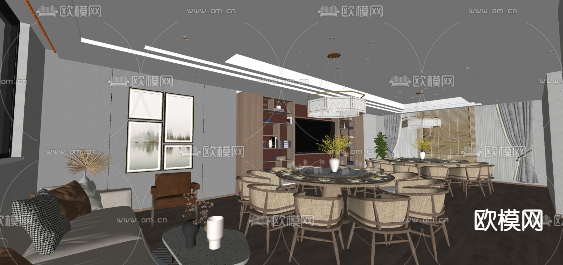 新中式餐厅包房su模型下载