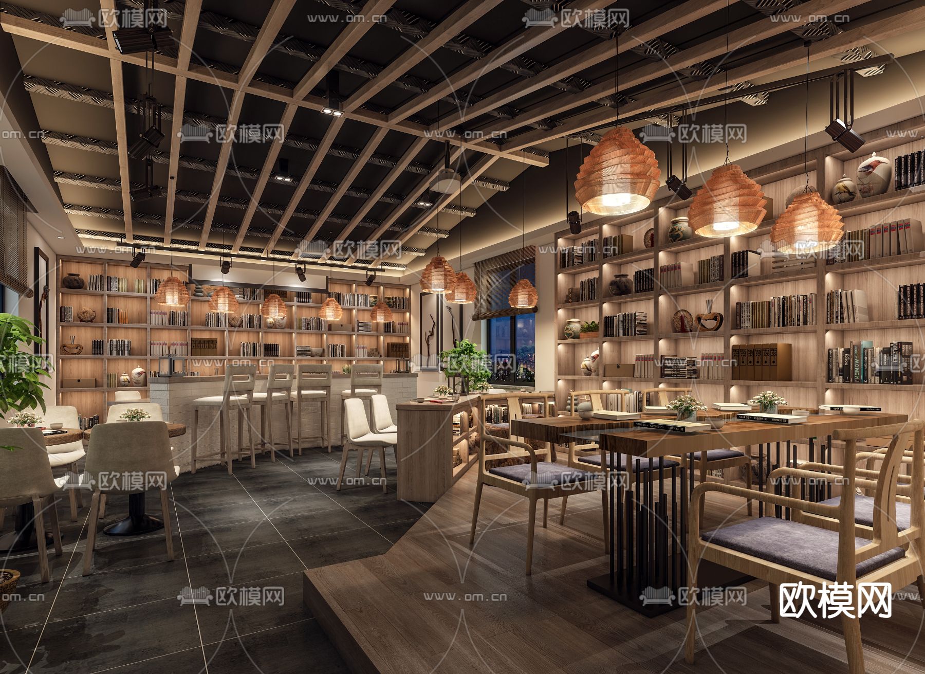 现代原木书店3d模型下载