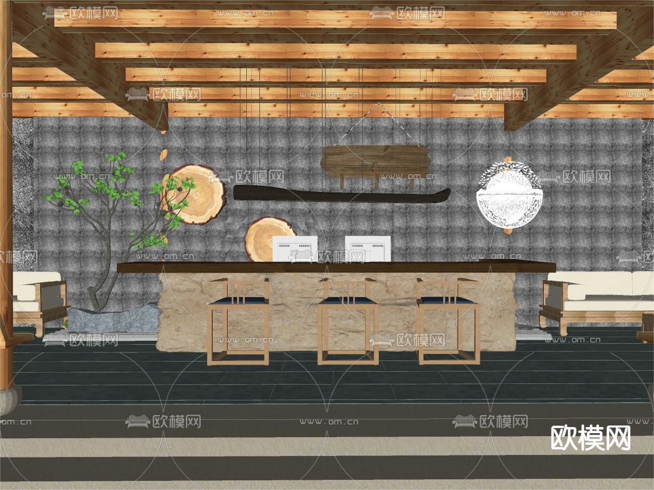 新中式民宿吧台区su模型下载（渲染图2）