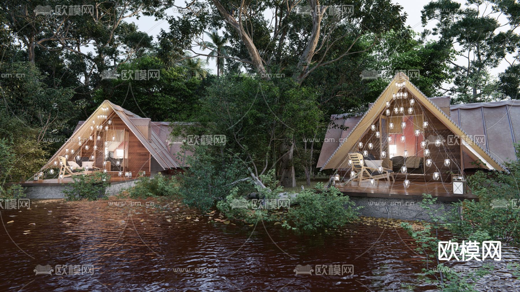 现代民宿露营湖畔木屋su模型下载（渲染图1）