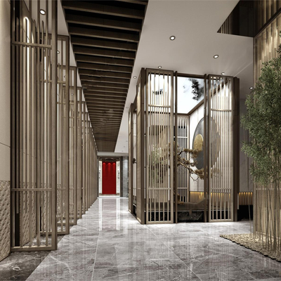  新中式酒店过道su模型 