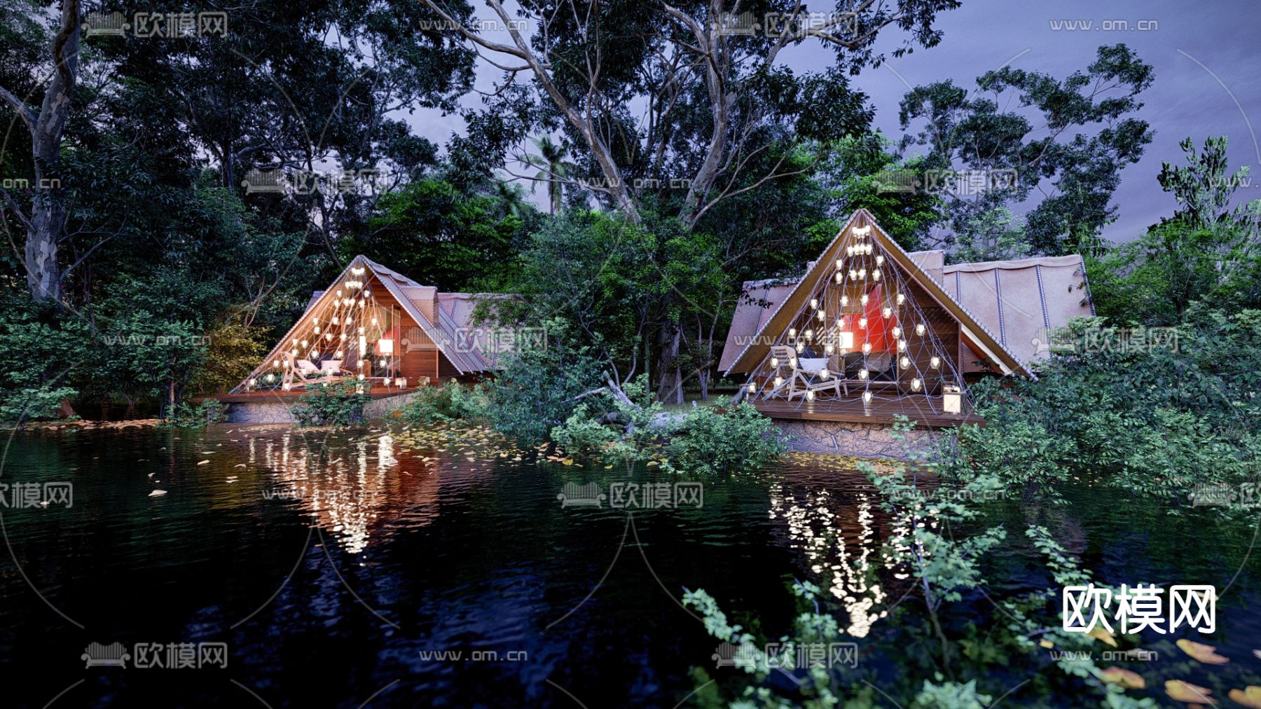 现代民宿露营湖畔木屋su模型下载（渲染图3）