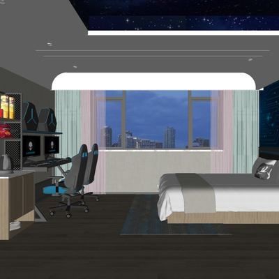  现代电竞酒店客房su模型 