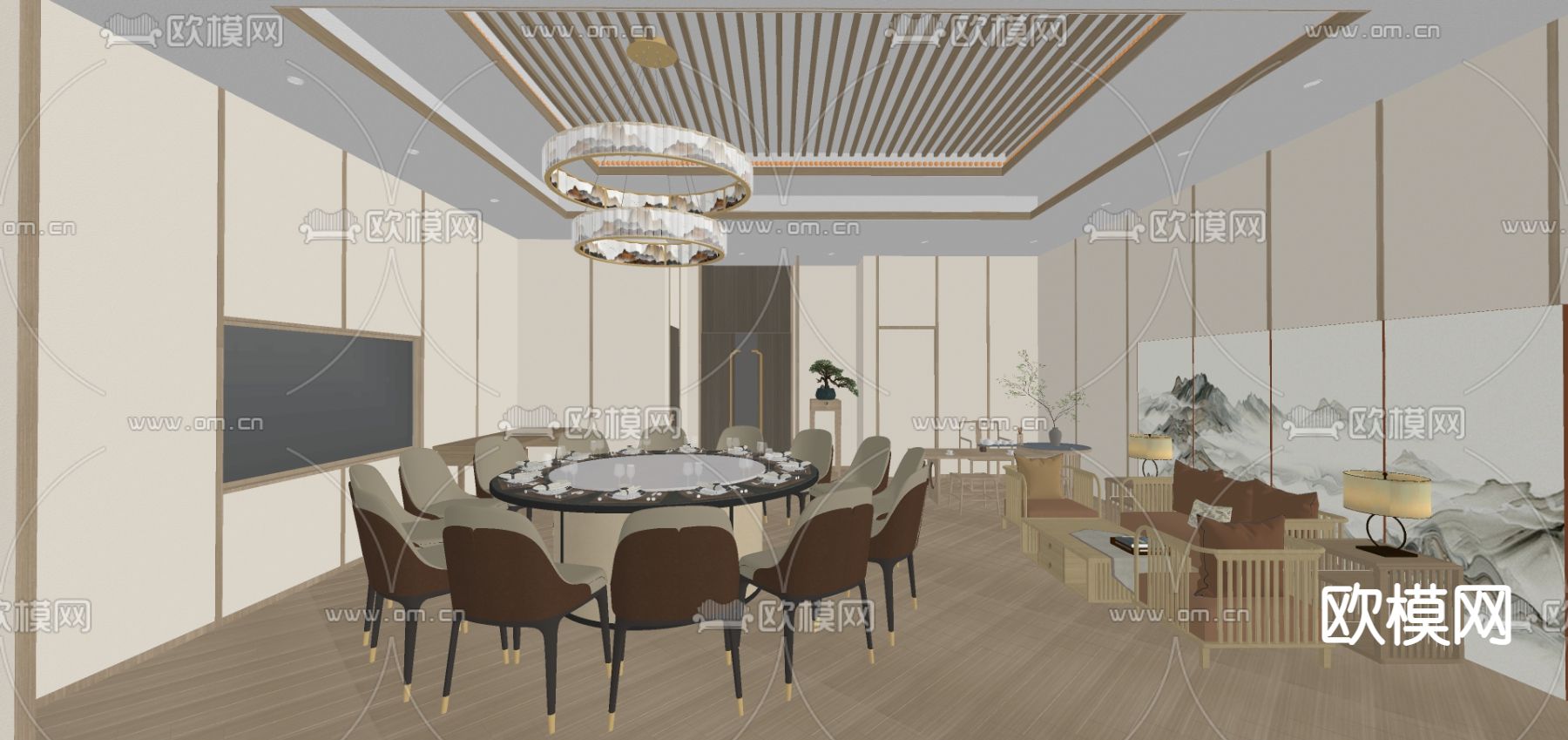 新中式餐厅包房su模型下载