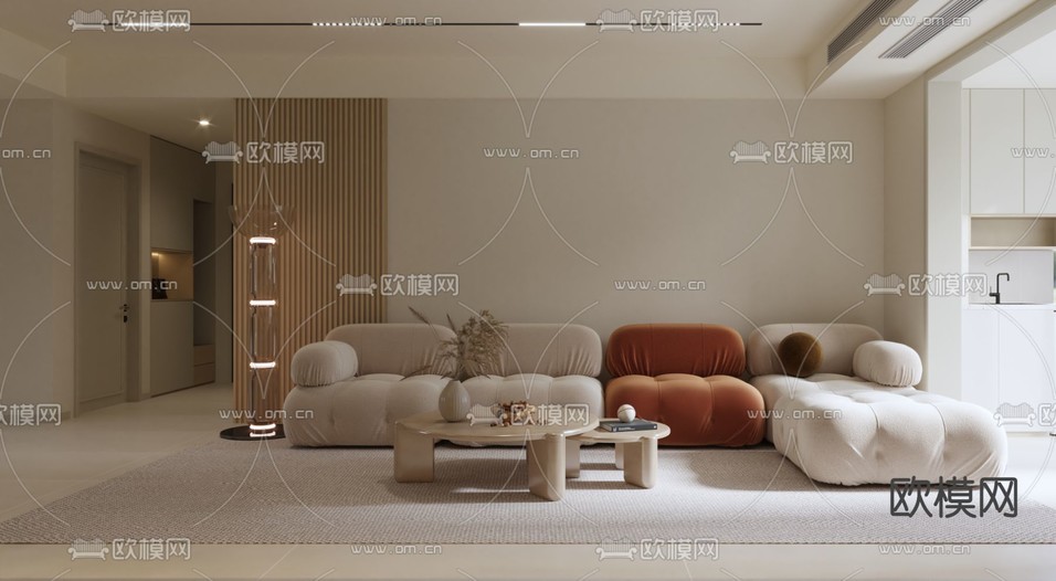 现代奶油风客厅餐厅免费3d模型下载_ID12081751_3dmax免费模型-欧模网
