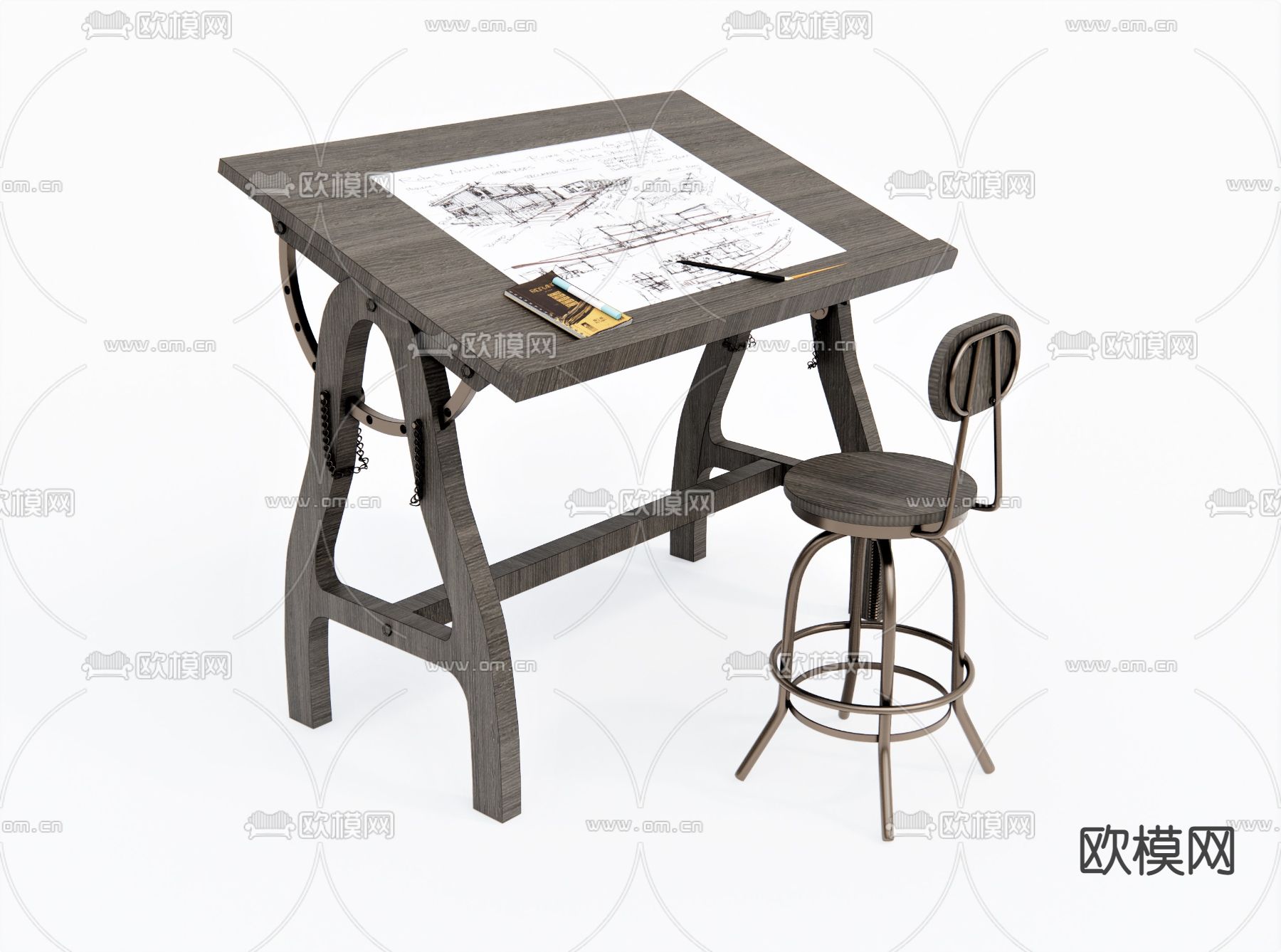 美式美术绘画桌椅su模型下载（渲染图1）