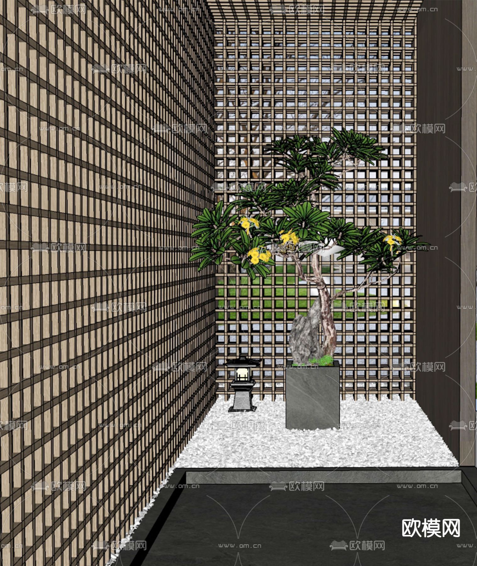 新中式鸡蛋花盆栽su模型下载（渲染图3）