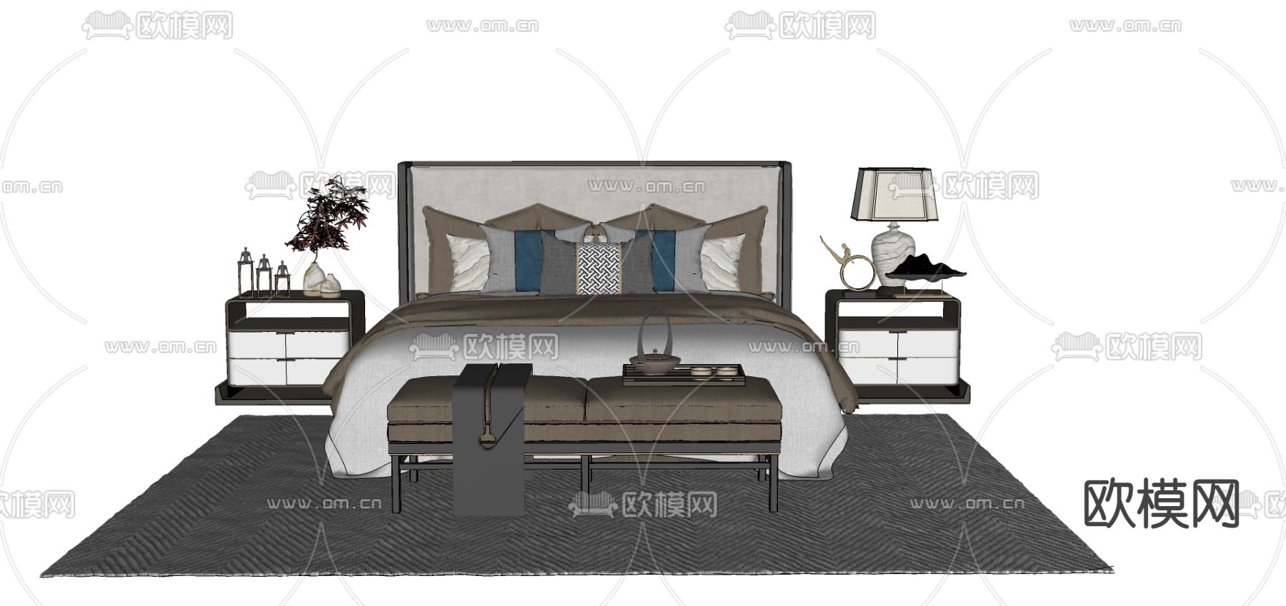 新中式布艺双人床su模型下载