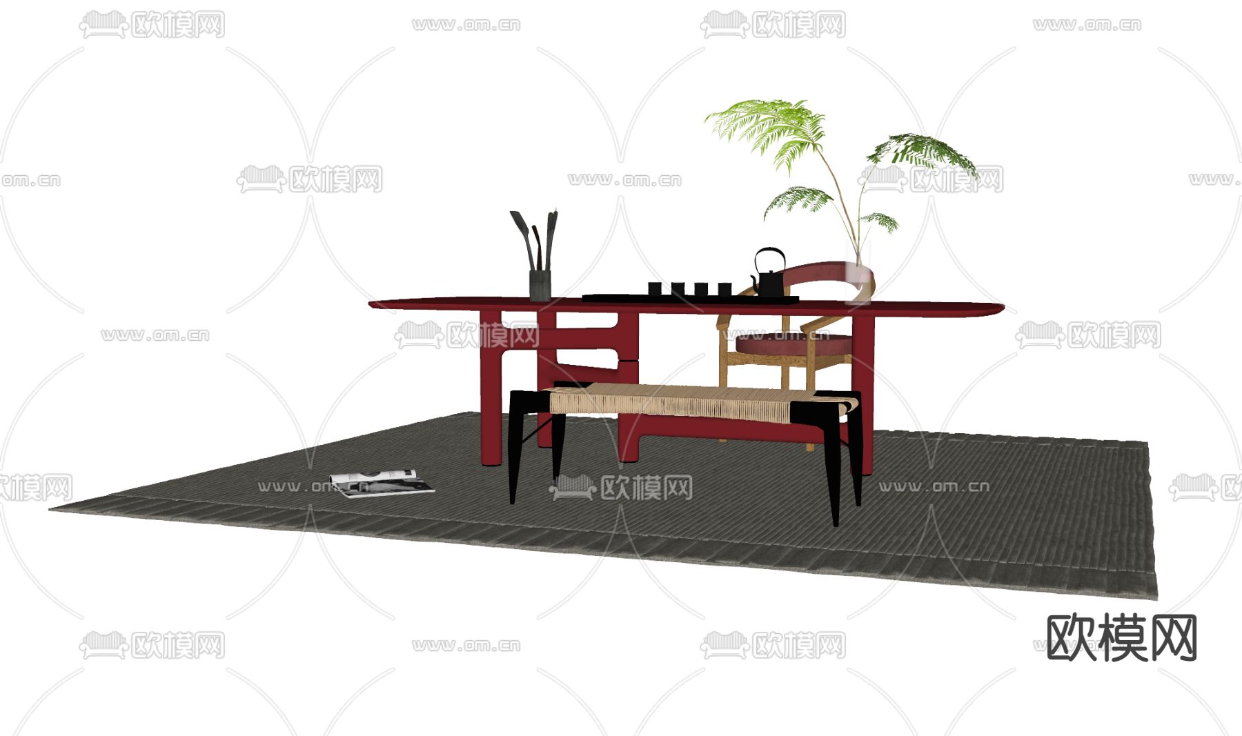 现代红色茶桌椅su模型下载（渲染图2）