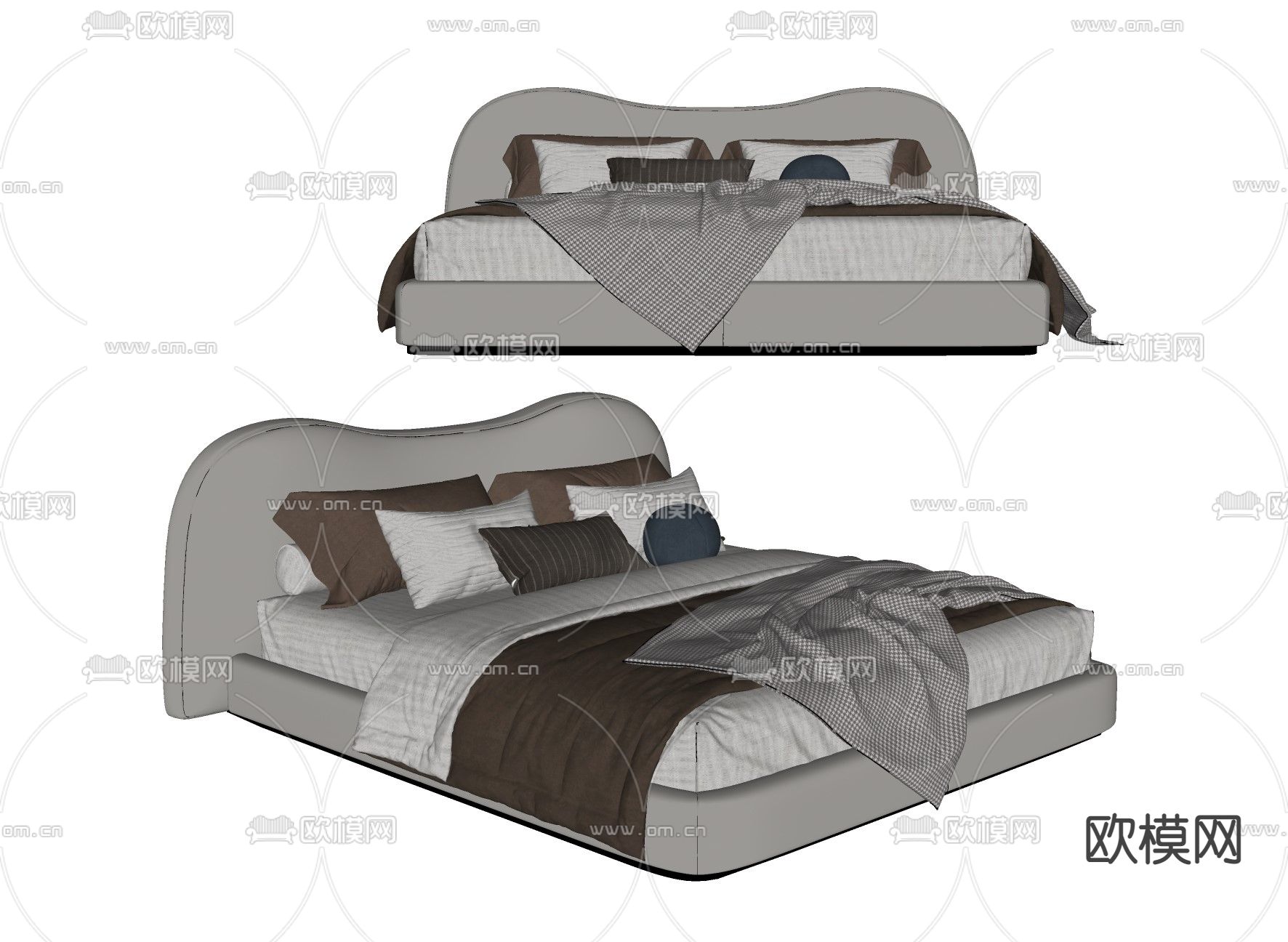 现代布艺双人床su模型下载（渲染图2）