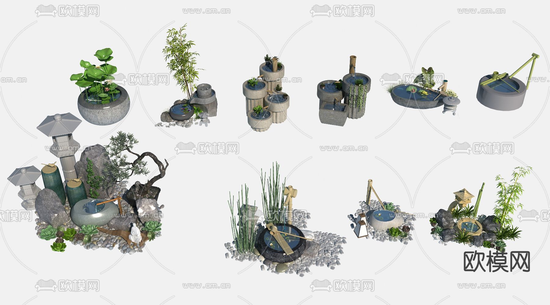 新中式庭院石磨水景小品3d模型下载_ID12083548_3dmax免费模型-欧模网