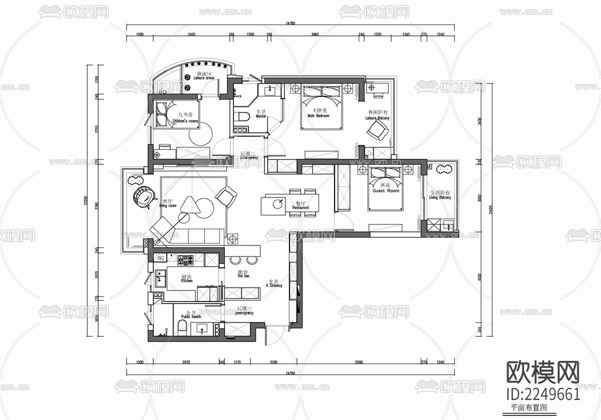 130㎡家装cad施工图下载（渲染图7）