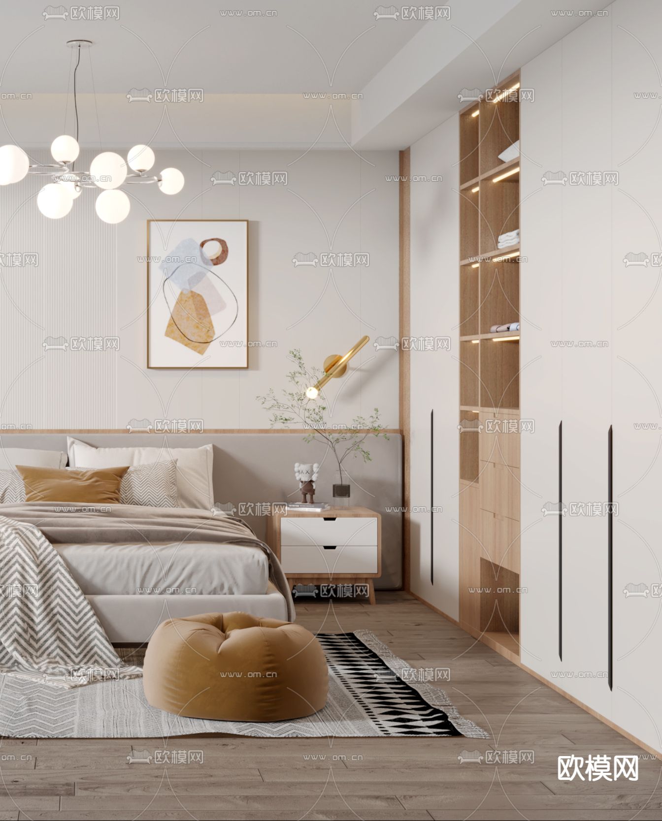 北欧简约卧室3d模型下载（渲染图2）