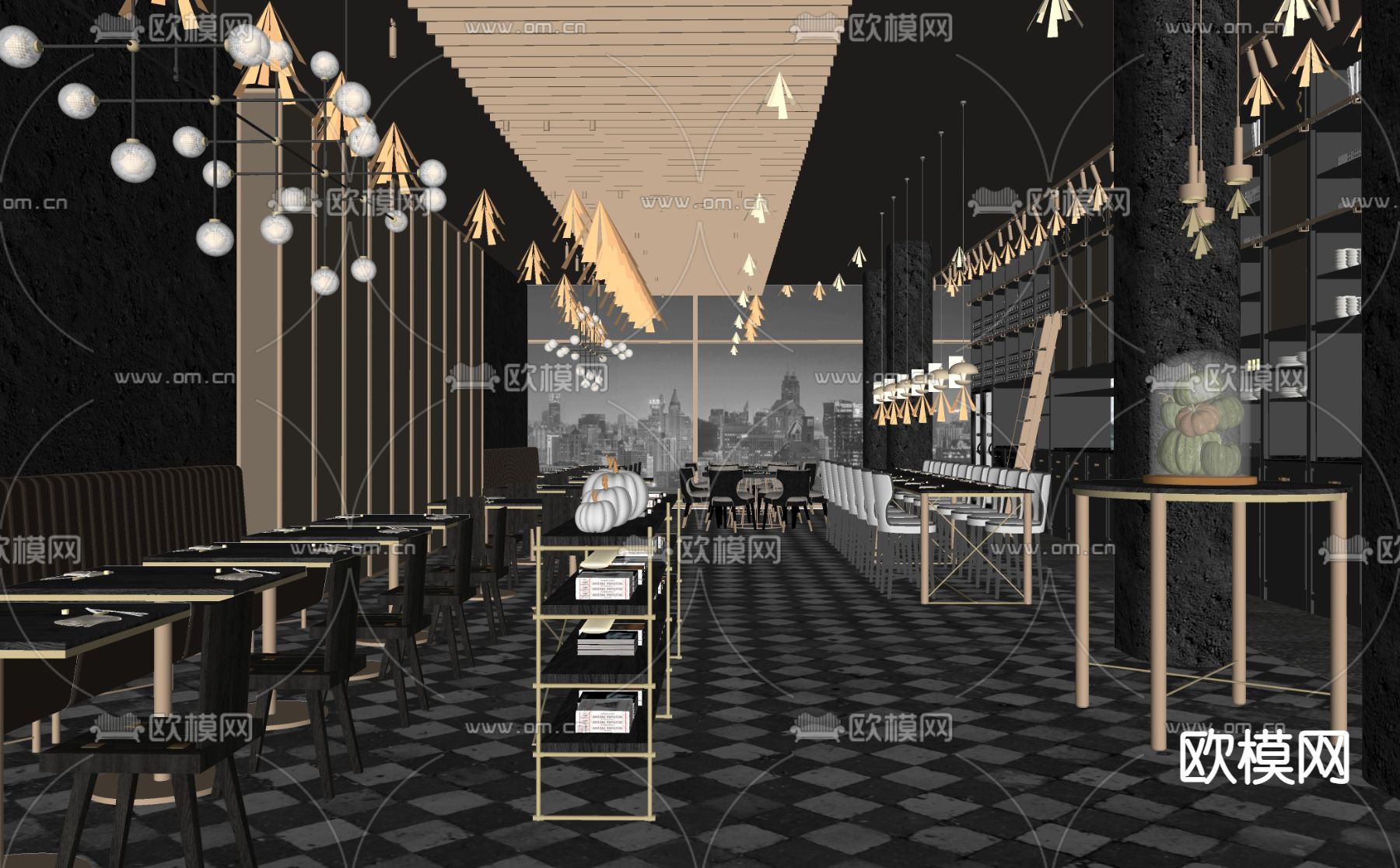 现代暗黑风西餐厅su模型下载（渲染图2）