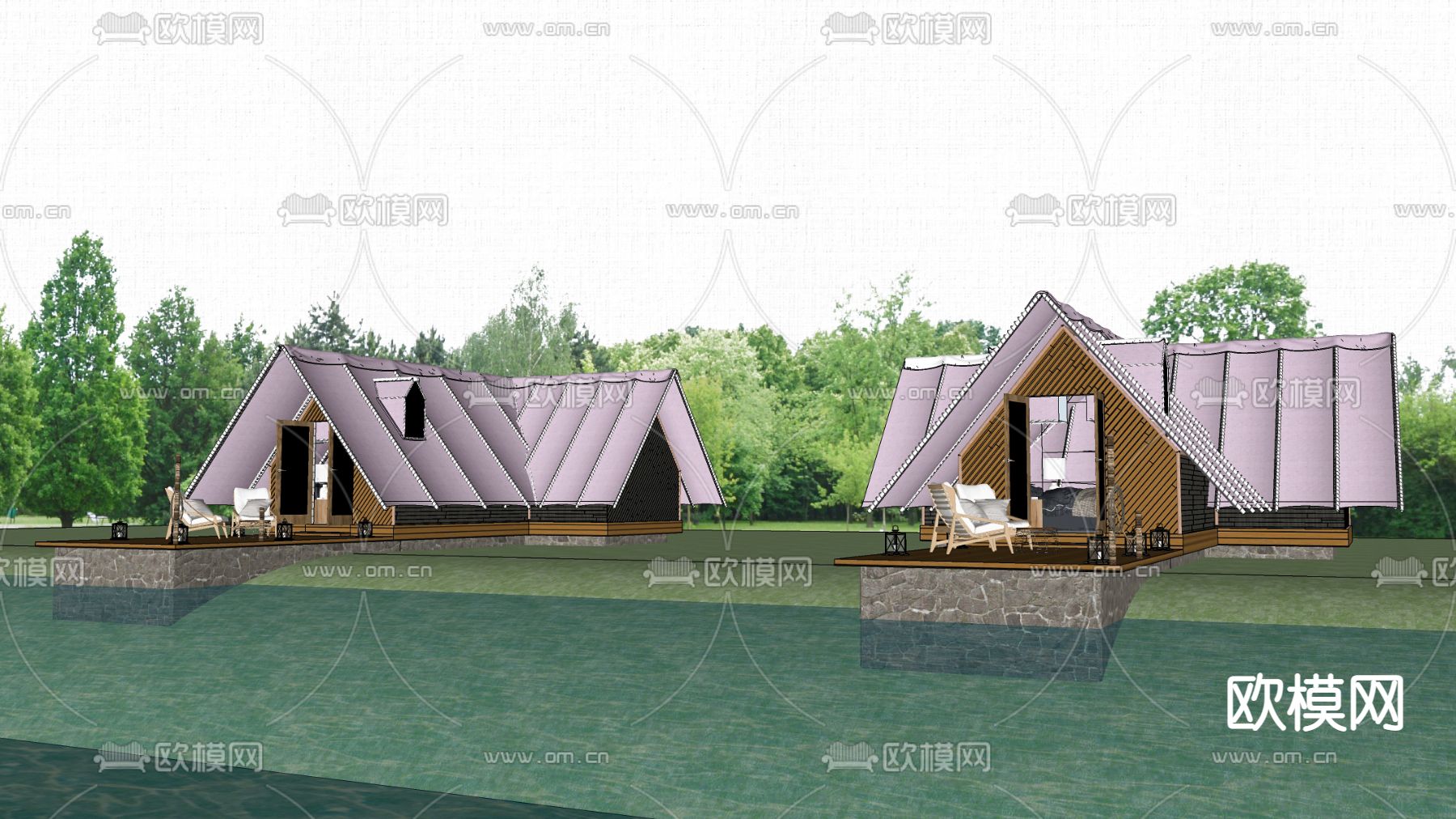 现代民宿露营湖畔木屋su模型下载（渲染图4）