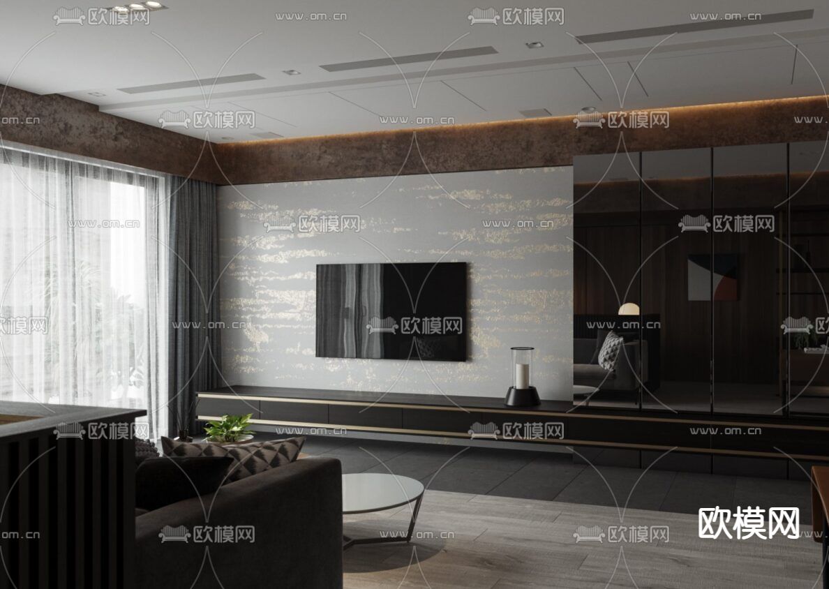 现代高级灰客厅免费3d模型下载（渲染图2）