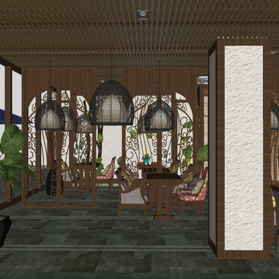  东南亚餐厅su模型 