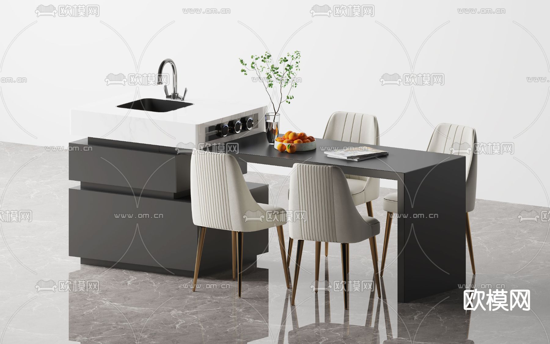 现代岛台餐桌椅免费3d模型下载