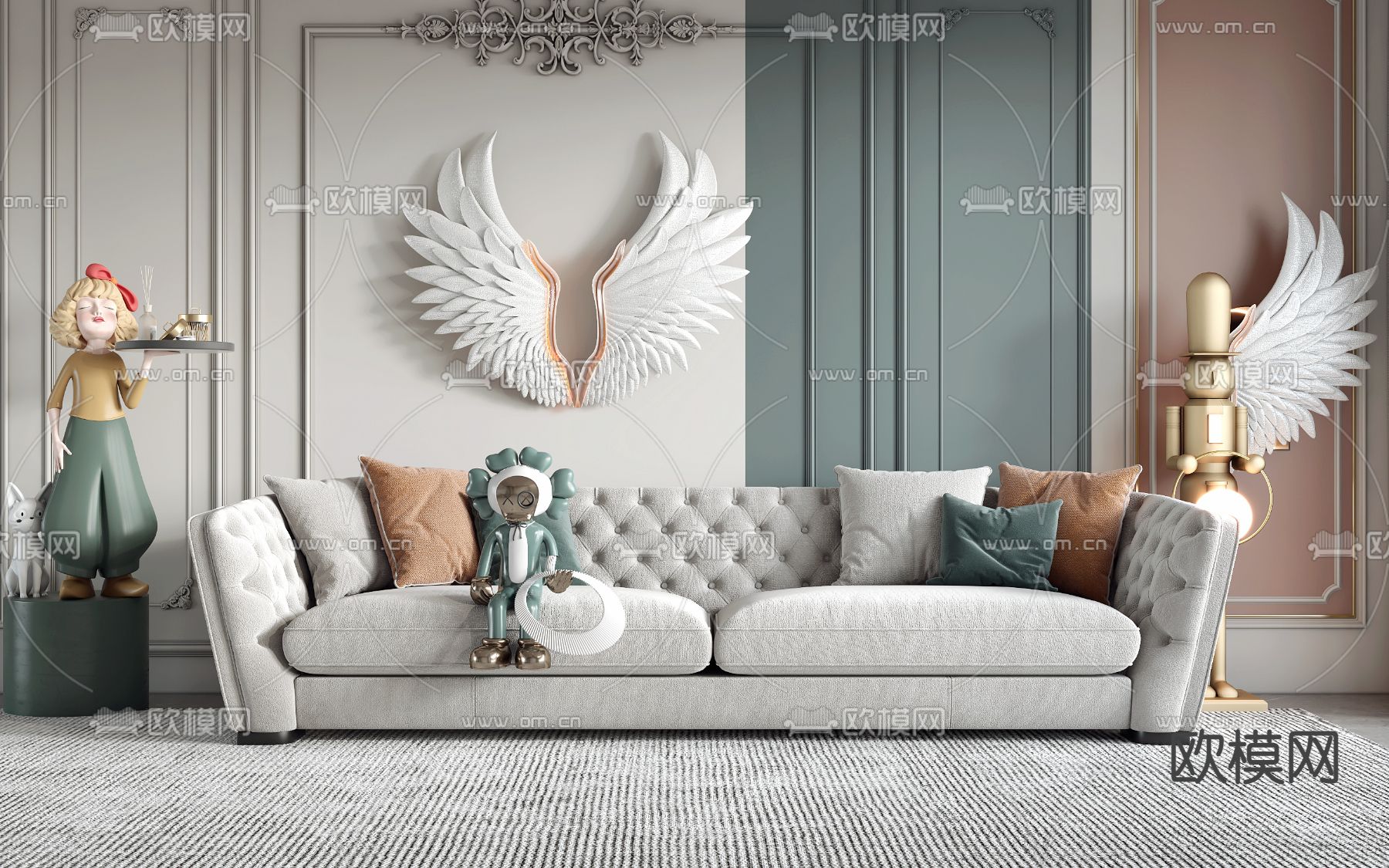 简欧布艺多人沙发3d模型下载