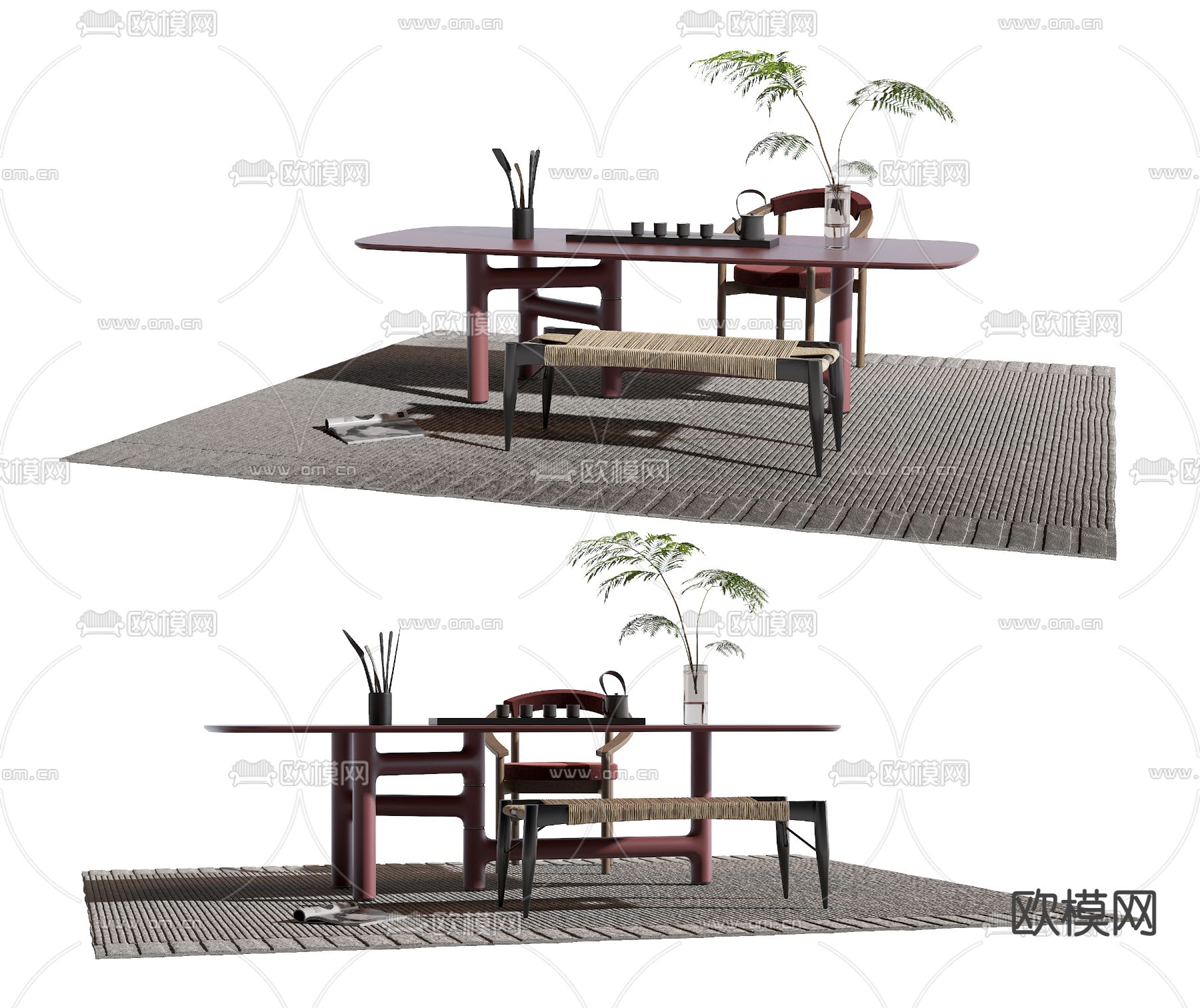 现代红色茶桌椅su模型下载（渲染图1）