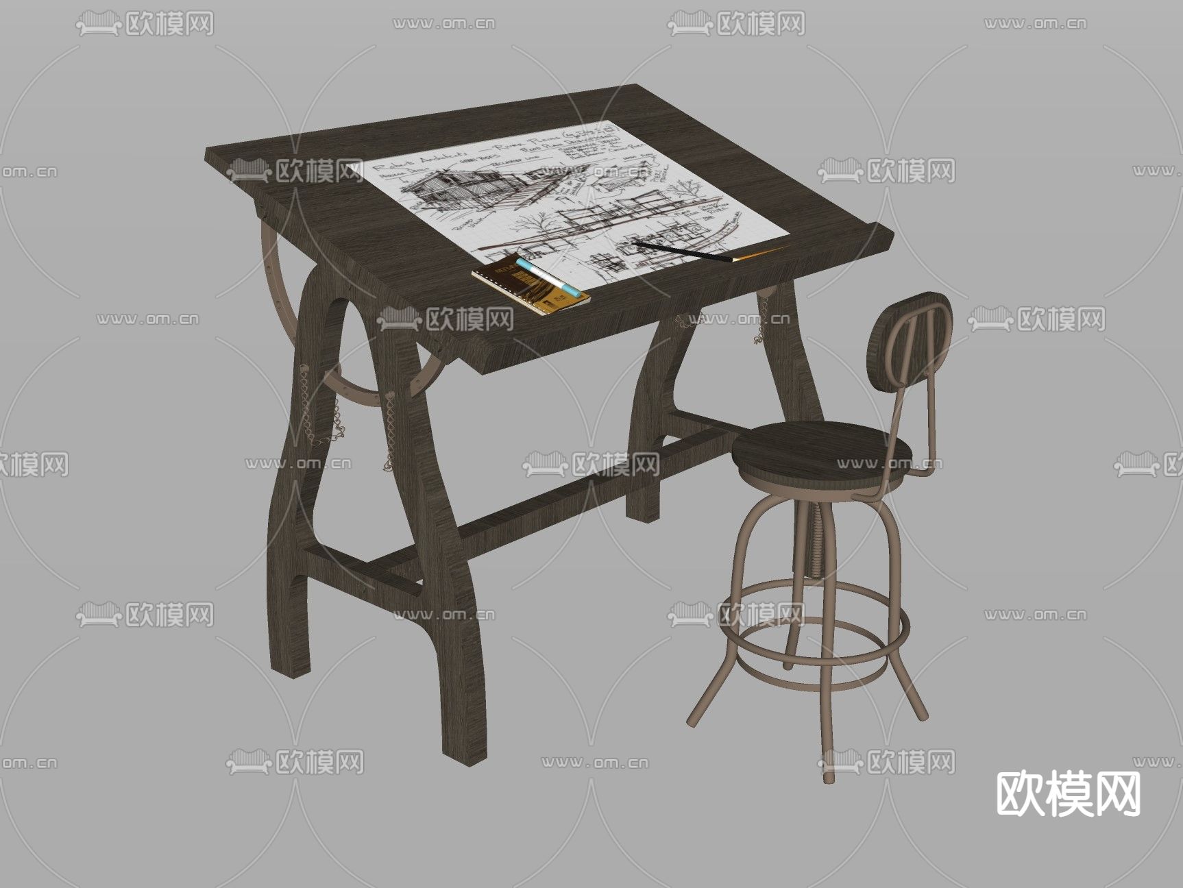 美式美术绘画桌椅su模型下载（渲染图2）