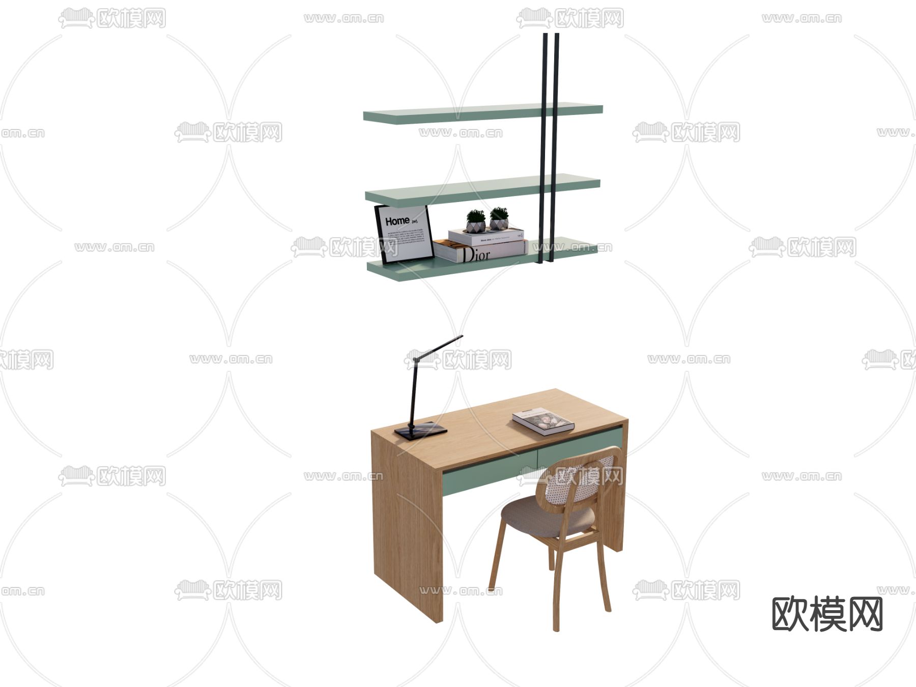北欧绿色书桌椅su模型下载（渲染图1）