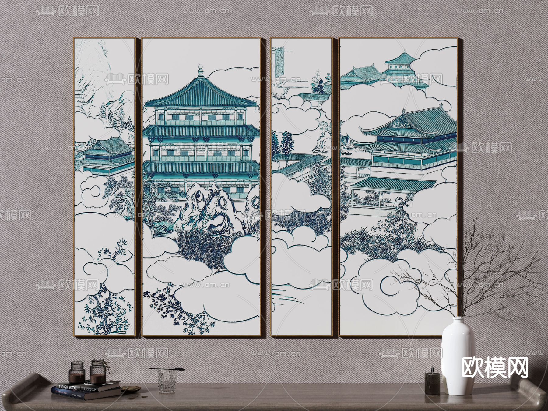 新中式楼阁装饰画3d模型下载_ID12084857_3dmax免费模型-欧模网