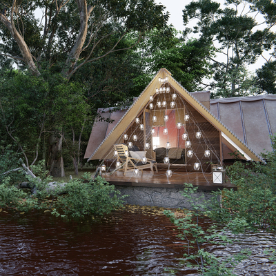  现代民宿露营湖畔木屋su模型 