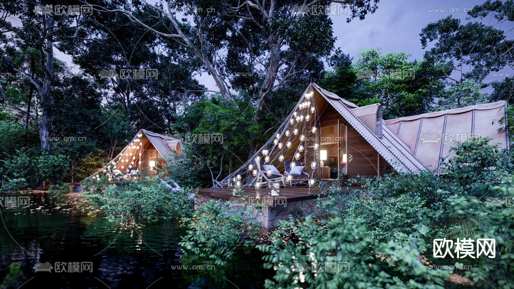 现代民宿露营湖畔木屋su模型下载（渲染图2）