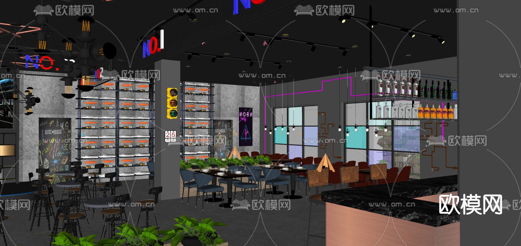 现代清吧音乐餐厅su模型下载