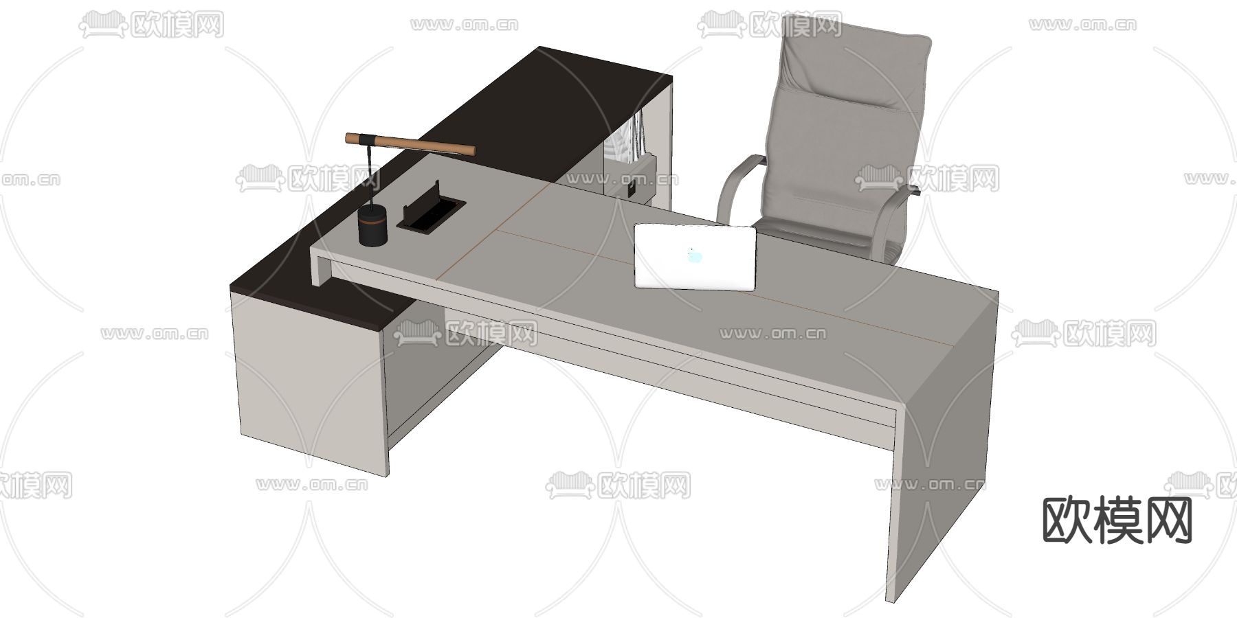 现代办公班台桌椅组合su模型下载（渲染图2）