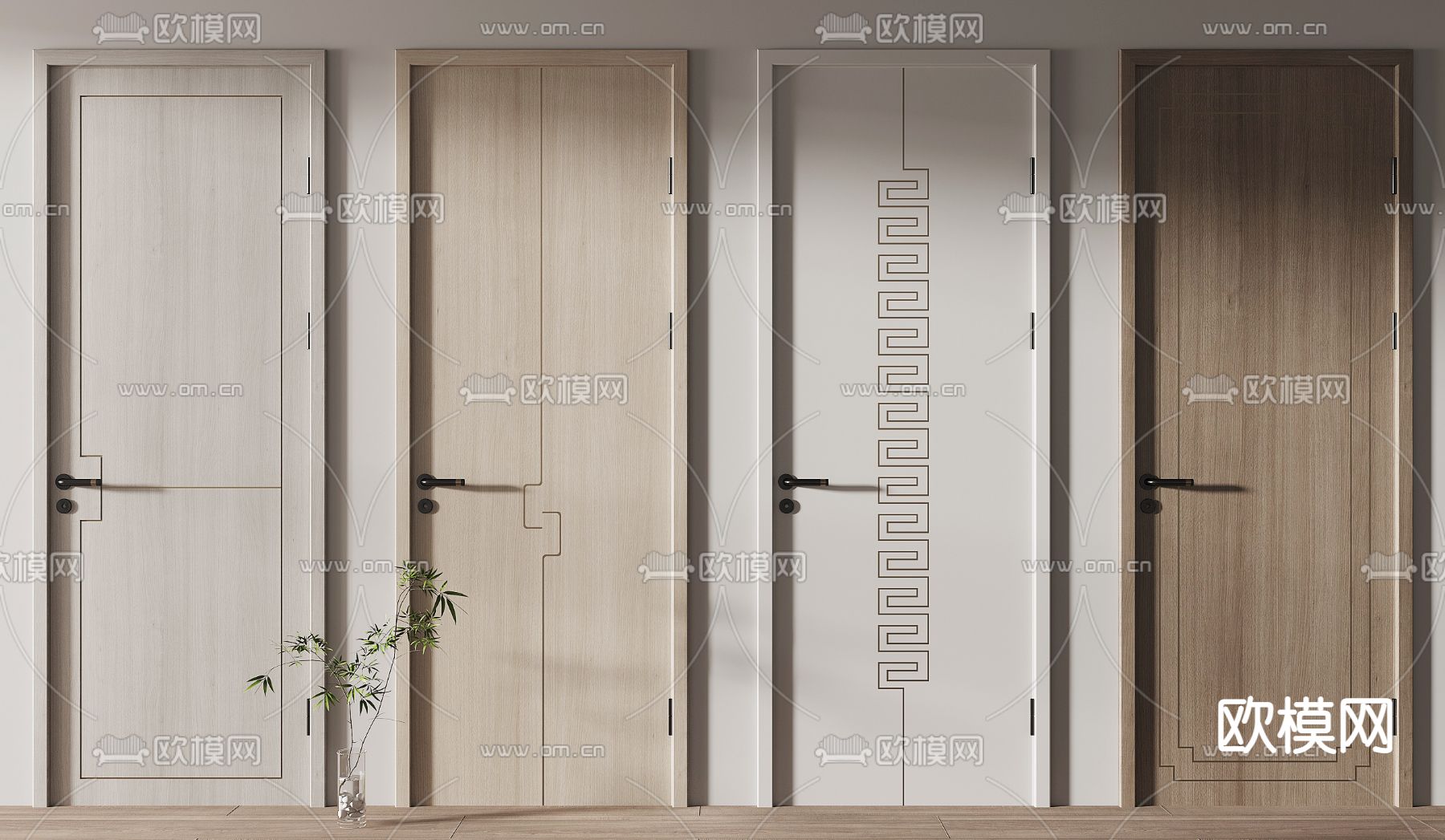 新中式单开门房门su模型下载（渲染图1）