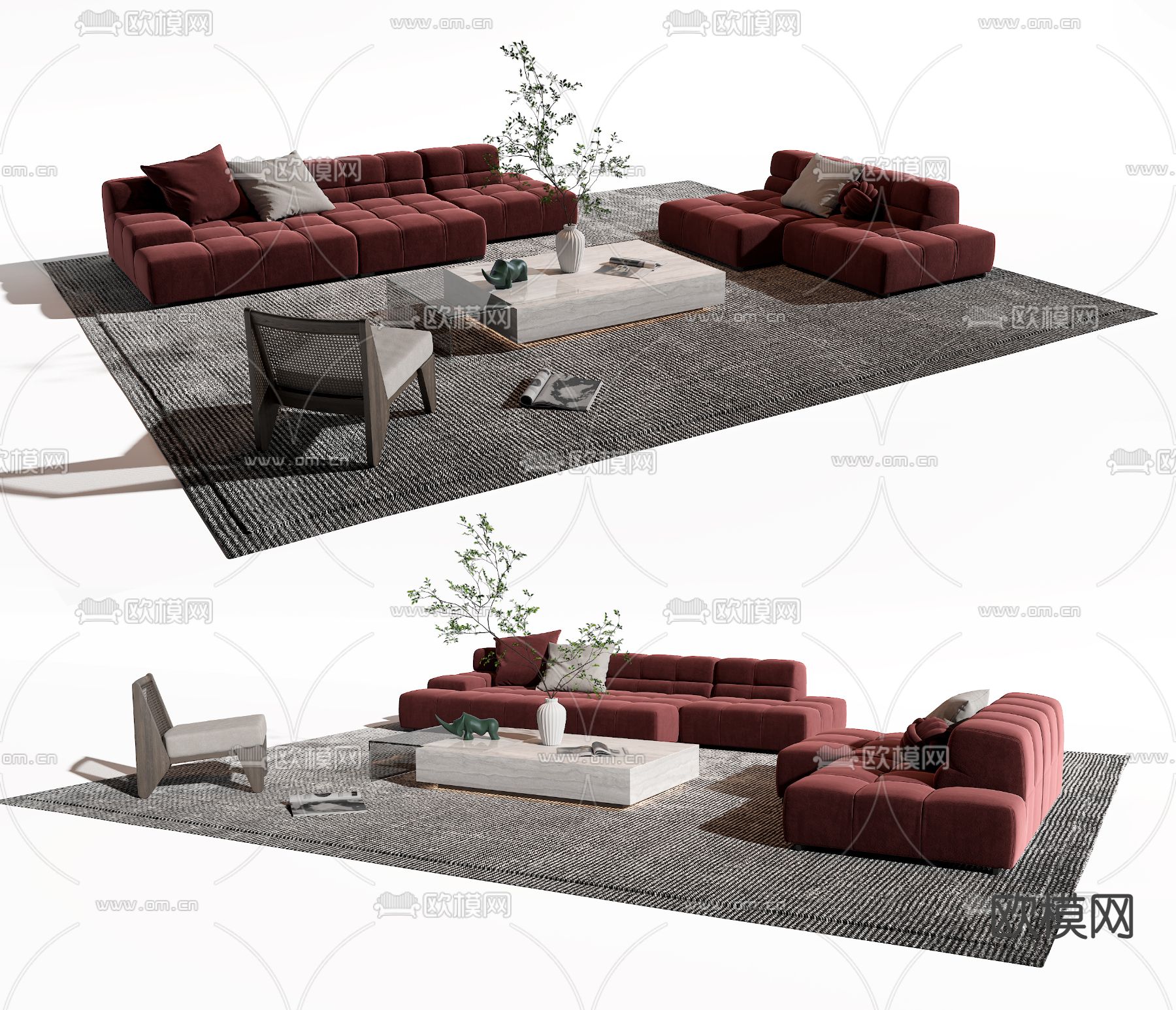 B&B Italia 现代红色组合沙发su模型下载（渲染图1）