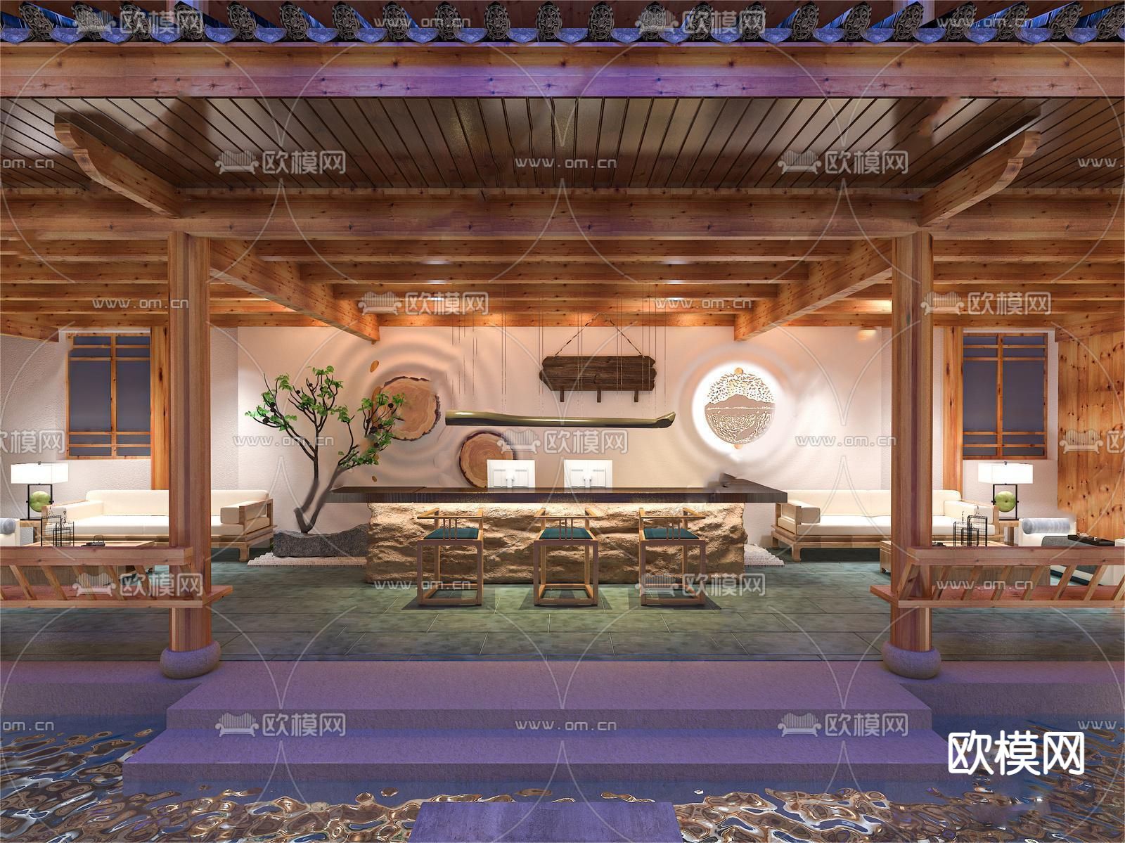 新中式民宿吧台区su模型下载（渲染图1）