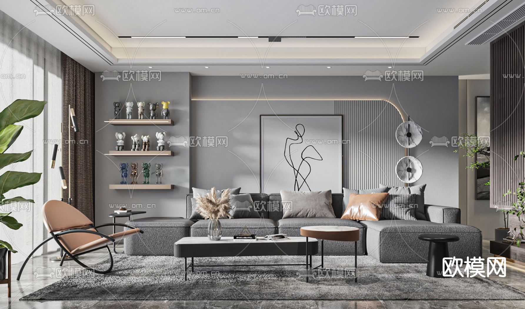 高级灰客厅3d模型下载