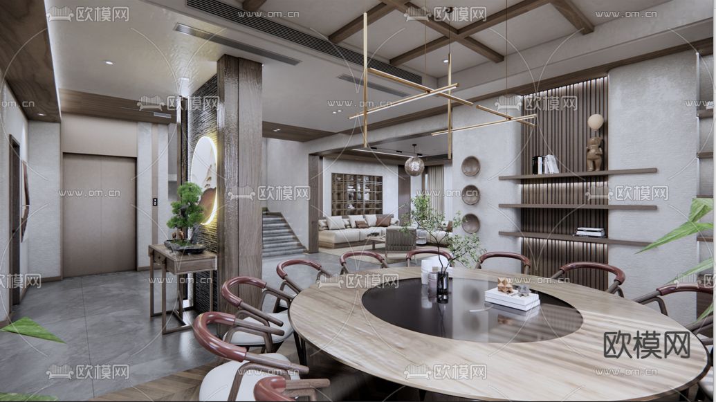 新中式客厅餐厅su模型下载（渲染图3）