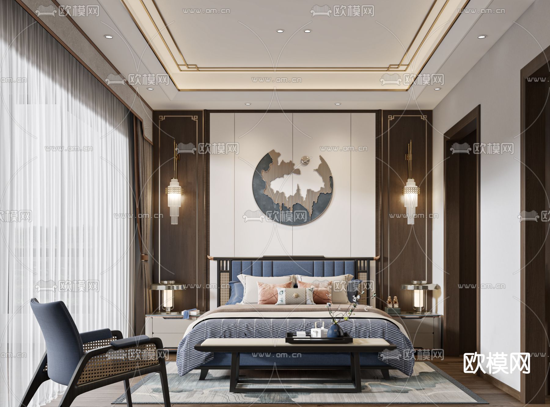 新中式卧室主人房su模型下载（渲染图1）
