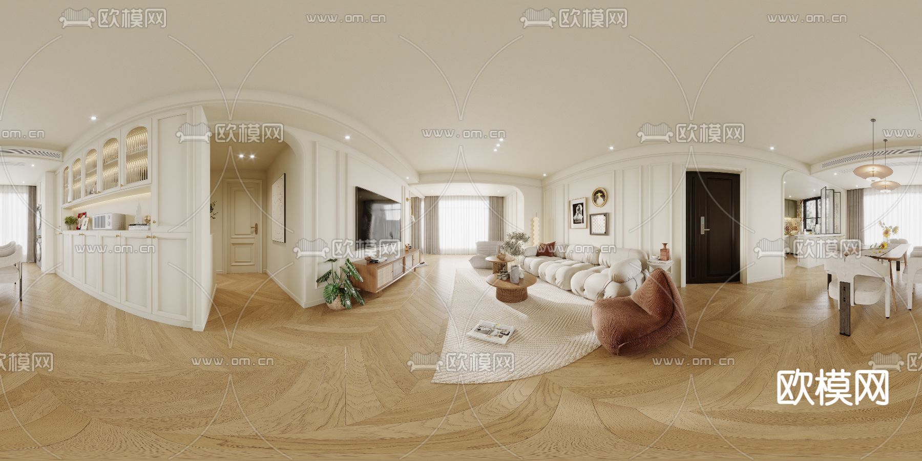 法式奶油风客餐厅vrcr全景3d模型下载_ID12087181_3dmax免费模型-欧模网
