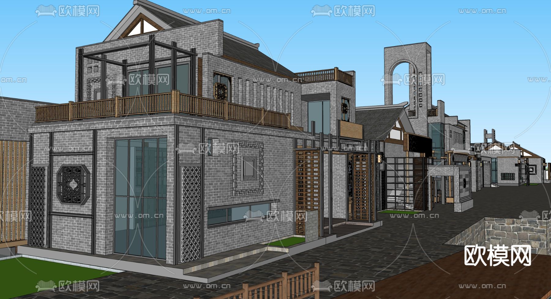 新中式滨水商业街su模型下载（渲染图2）